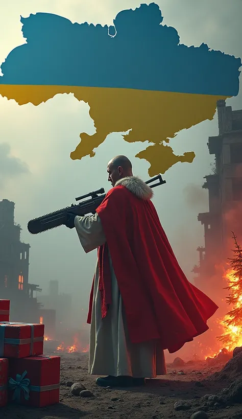 A super-gigantic realistic map of Ukraine in the Ukrainian blue and yellow colors Floating semi-transparent between the clouds on the horizon in the sky, many bombed-out and burning ruins of ukrainian city Myra on red lighting horizon, at a front the war z...