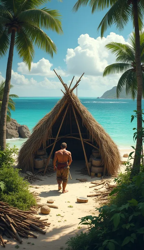 "A rugged man constructing a small wooden hut on a deserted island, using palm leaves and driftwood, with a pile of collected items nearby. The hut is simple and rustic, surrounded by lush jungle vegetation and a clear blue ocean visible in the background....