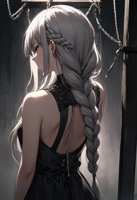 1 woman, long hair with white braids,  back view , gallows, hanging,  dark atmosphere  ,  smells low saturation 