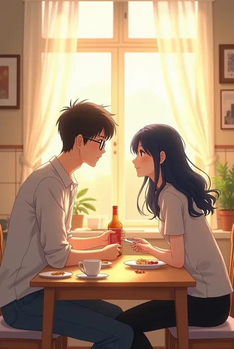 Anime couple having breakfast in the morning,  the man with glasses and short black hair and the woman with navy blue hair.