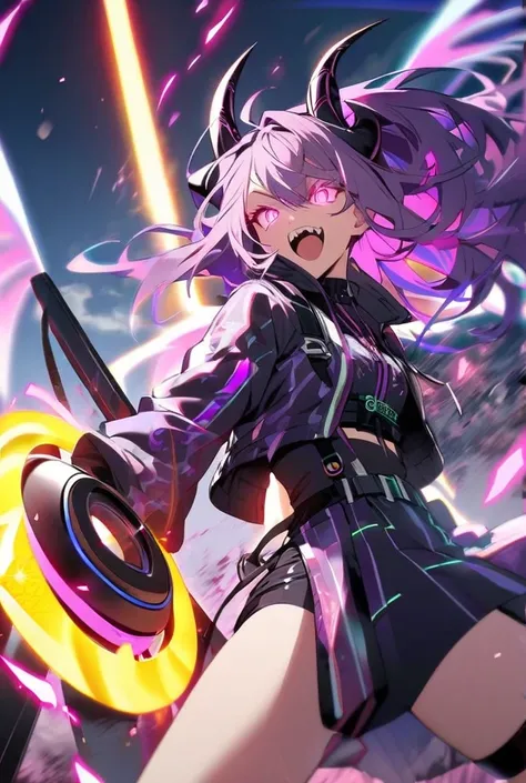 A girl with purple  glowing hairs and glowing eyes cool outfit   and glowing eyes and glowing energy from body  and hourglass figure angel wings  shark teeth energy weapon with a energy tail and horns