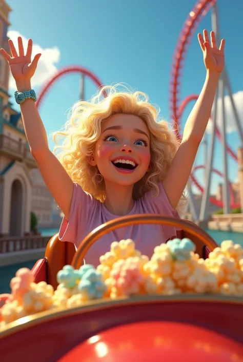 Gracie Abrams on a roller coaster eating colored popcorn .  In the background you can see Hurricane Condor in PortAventura and the house of up