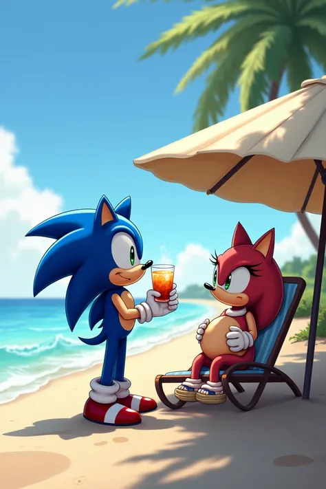 Day at the beach "
 A scene in which Sonic and the pregnant hedgehog are enjoying a relaxing day on a beach.  She is sitting under an umbrella while Sonic offers her a refreshing drink .  in the background ,  the waves of the sea reflect the calm of the mo...