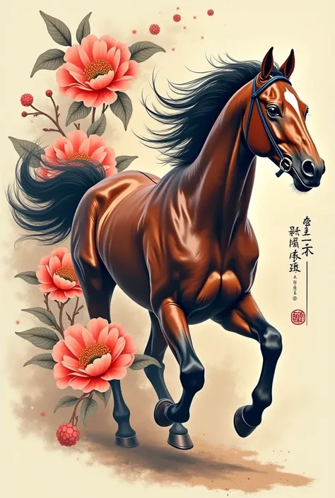 horse racing design with oriental flowers in neotraditional style for tattoo