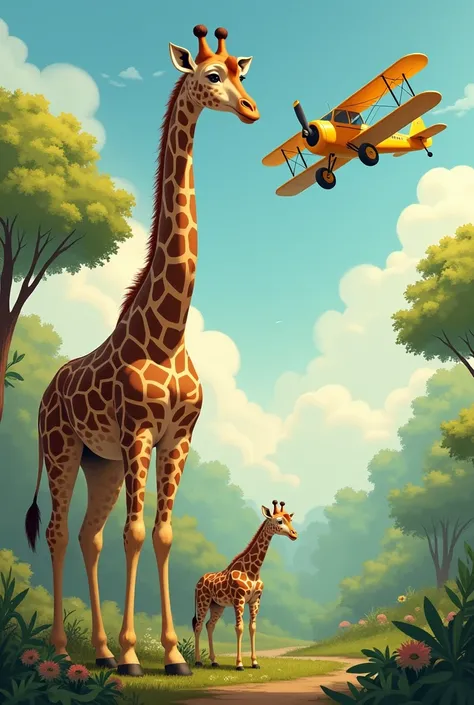 Une très grande girafe sur le bord de la forêt. Il y a un mignon bébé girafe a côté d’elle. Dans le ciel, il y a une un avion jaune et brune qui tient une banderole. Sur la banderole il est ecrit « Félicitations !!! »