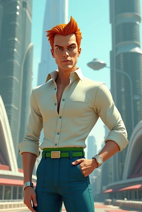 Make George Jetson, from The Jetsons, as a realistic human, with his futuristic outfit, white high-collared shirt, green belt and blue pants, his hair is dark orange, and he is about 40 years old.