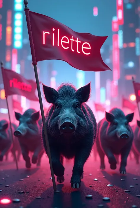 A powerful army of boars marching in a futuristic crypto universe. Each boar is holding a flag with the word ‘RILETTE’ boldly displayed on it. The scene is filled with vibrant digital currency symbols, neon blockchain visuals, and holographic charts showin...