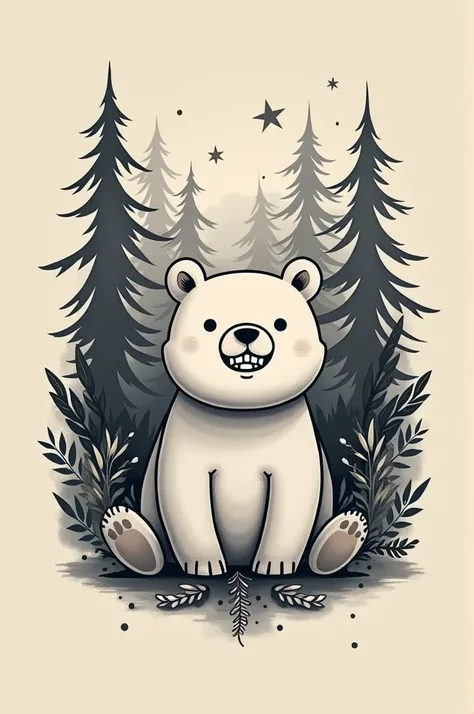 Minimalistic bear tattoo grinning in the forest