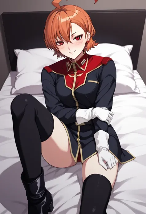 score_9、 score_8_up、 score_7_up、{{{{  titan costume  }}}}、 1 girl、mikamo_black, red eyes, mole under eye, orange hair, short hair, huge ahoge, asymmetrical bangs, braid, stud earrings,、uniform、  Long Sleeve  、、 black thigh high socks、Knee Boots、 bed in bla...