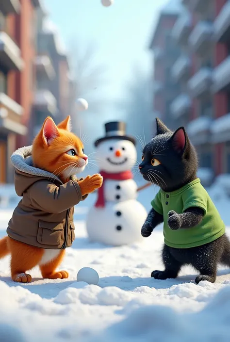 Generate a high quality 3D image:An orange cat is wearing a brown jacket of winter clothes and stand with black cat that wear green t-shirt of winters clothes and do fight of snowball to each other in front of snowman in the city 