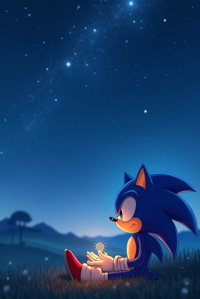 Memories and Promises "
 An emotional representation where Sonic and the hedgehog are stargazing on a clear night.  Sonic is holding a special necklace that symbolizes his commitment to his future family .