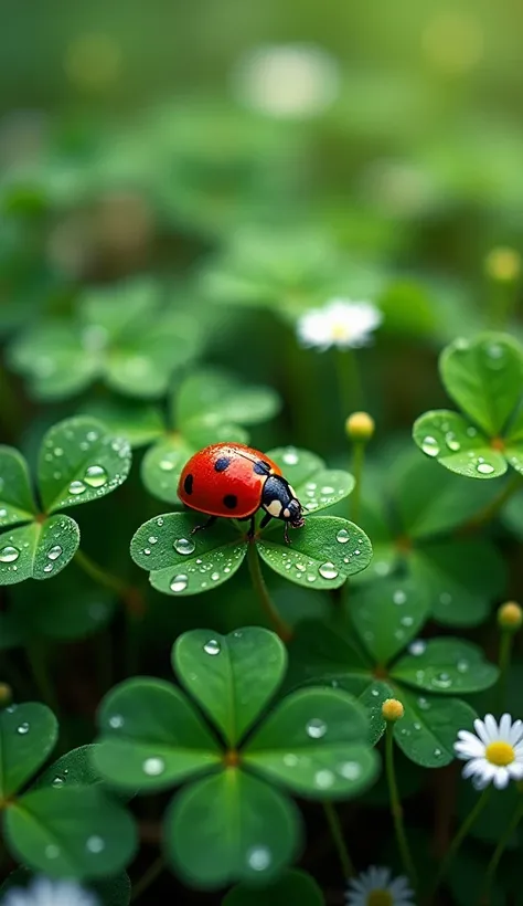 Create an enchanting scene featuring a lush, verdant ground covered with clover leaves, each adorned with glistening droplets of water. Add delicate white flowers peeking through the greenery. Include a bright red ladybug with black spots perched on a clov...