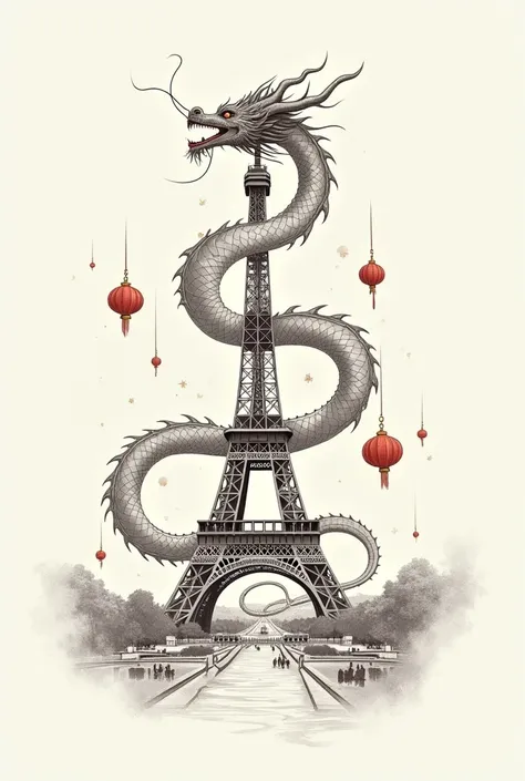 A majestic cool china dragon with a long body is flying around the body of eiffel. The background should have lattern from china. Draw like sketch by pencil. Make everything simpler