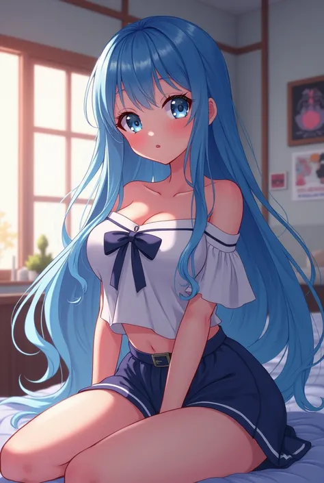 Cute anime girl with big long blue hair with big boobs japanese schoolgirl in bedroom