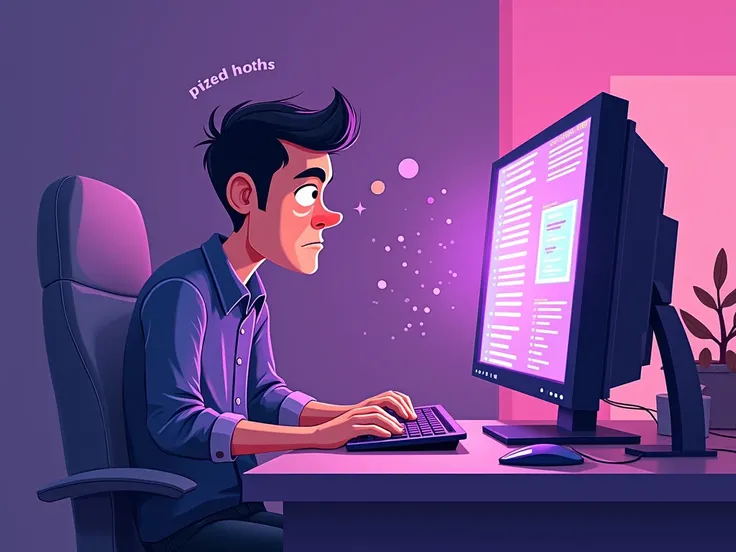 a man coding in his computer in the side of the picture ,make this picture cartoonistice and the theme will be violet color