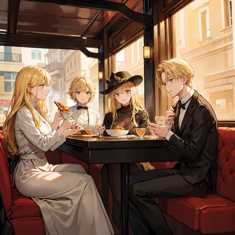 A blond merchant man is eating with his female friends in a luxurious diner