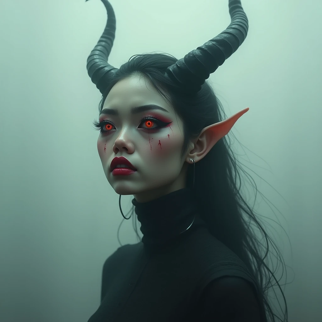 the face of a beautiful Sundanese woman with bulging red eyes has devil horns with a gothic appearance without a neck and body that appears among the fog realistic image, the background is plain