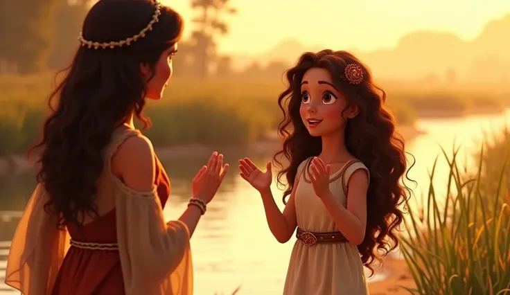 Miriam, the young Hebrew girl with curly hair and hopeful brown eyes, stands before the princess with courage. She gestures with her hands while speaking, her simple linen dress contrasting with the princess’s regal attire. The setting is the riverbank, ba...