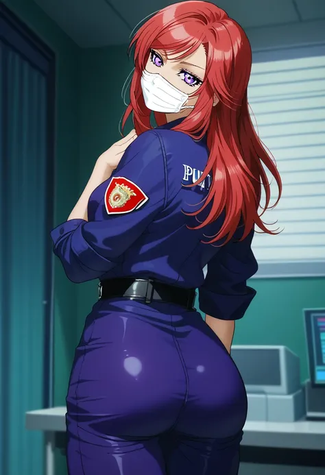 1girl, long hair,red hair,2D, cell shading, anime style, video game art, sharp lines, vibrant colors, retro style,RUKIA Style,shiny skin, medical face mask, purple police clothes, tight clothes,looking back,muture woman, detailed face,half closes eyes, loo...