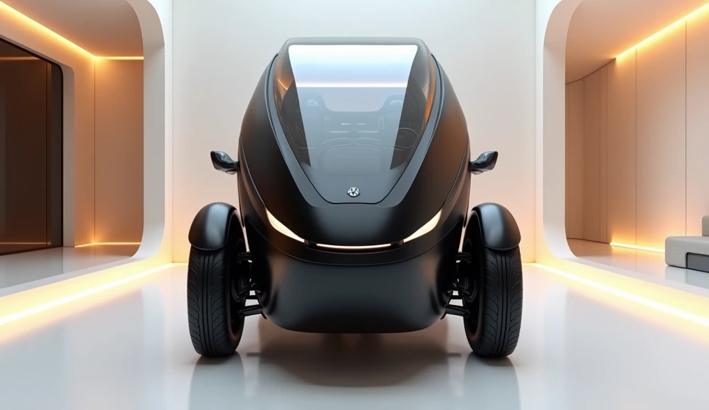 close front view of a black   2025  Tricycle camper  standing in a white luxury showroom. The showroom has warm white and golden hue lights.