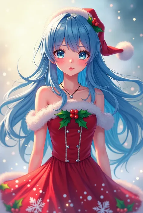 Blue Long Hair Anime Girl With Christmas Dress