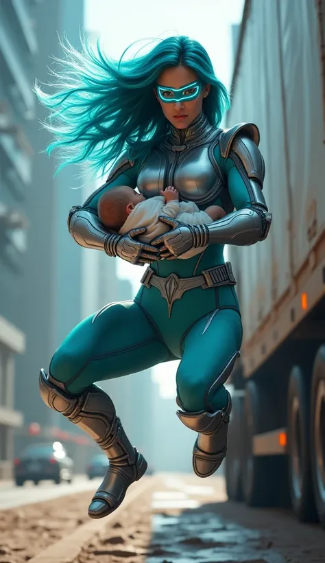 Background: Massive truck barely missing Lia (23, Female) Hairstyle: Lia: Long, flowing hair with streaks of blue, Lia: Sharp facial features, radiant skin, futuristic visor. Lia: Vibrant turquoise and silver superhero suit. Lia: Matching turquoise and sil...