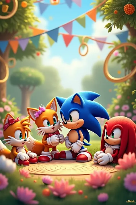 Welcome from the "
 team Create a scene where Sonic ,  the pregnant hedgehog and her friends  (Tails, knuckles, etc.)  are celebrating the babys arrival with a .  The atmosphere is cheerful ,  picnic and themed decorative elements such as gold rings and fl...