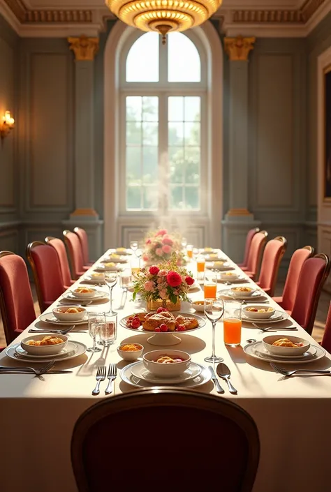 A large table that doesnt have ANY PEOPLE at breakfast time 