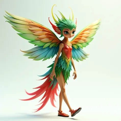 A fairy inspired by a parrot。 has a white background。3d。Realistic。 high image quality。