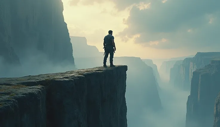 a poster of a man standing on top of a cliff, poster, author： Roman Bazparkov , official poster, author Alexander Fedosav, movie poster,  wins the battle  , beautiful cinematic poster, cinematic poster,  inspired by Alexander Gerasimov , action movie,  key...