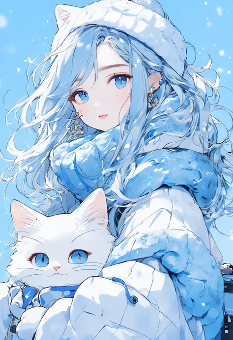 ((masterpiece, top quality)), 8k, Anime ,  realistic  ,sketch,  anime style portrait  , (((Snow anime ))),  blue gradient background, off-the-shoulder knitwear,  Neon Touched Medium Hair, lip,  big earrings, Wrap a scarf, White Cat, Texture Trim, Canada,  ...