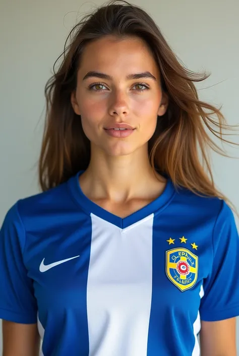 A young white woman wearing a Cruzeiro Esporte Club jersey