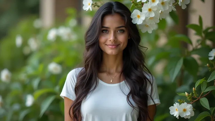 A sexy young indian girl in a tshirt and a hat, smiling face, blue eyes, long hair, standing at a garden, Realistic cinematic style, 4k ultra HD quality.