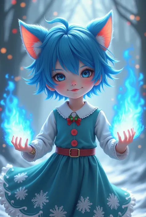 Cute Boy Blue Hair Transparent Cat Ear Christmas Dress With Blue Fire Fist