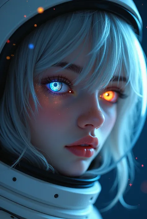  Close-up of an improved masterpiece:1.5)0.9], (Space and astronauts:1.2) ( Messy silver hair:1.1) (heterochromia:  xanthochromia and blue eyes :1.2) (Space helmet:1.0) ( Colored stars in the eyes:1.0) (A radiant glow:1.1) ( Thick lips:0.9)