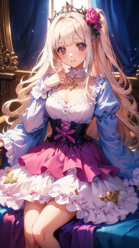 (8k,  top quality,   masterpiece  : 1.2),   Ultra-high definition ,,   Marie Antoinette  ,   super detailed face ,fine grain,   just the entrance to the basement of the castle  ,( blonde alone ),  long hair,   wavy hair  , break,Rococo Ruffle Dress,Long sl...