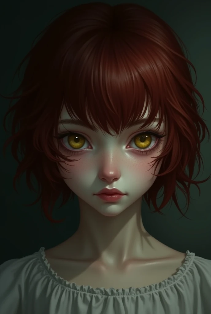 Horror Creepy 2d girl with dark red wavy hair and yellow eyes and short bangs