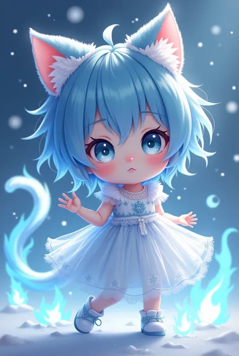 Cute Anime Boy Blue Hair Transparent Cat Ear Christmas Dress With Blue Fire Flea