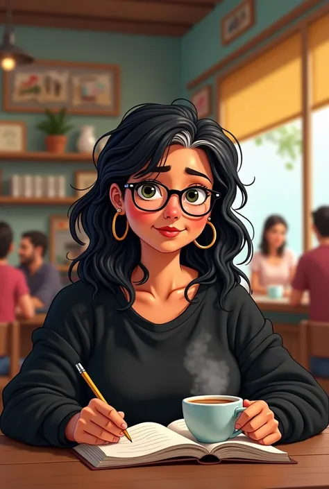 Disney Pixar-style cartoon of a 30-year-old Brazilian woman,  obese with black hair tied and disheveled with some white threads , wearing a black sweatshirt ,  wearing glasses and earrings  .  Studying in a coffee shop full of extroverted personality with ...