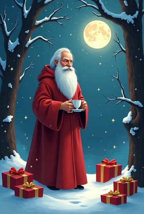 The image is a digital illustration of an old man with a long white beard and a red robe, standing in a snowy forest. He is holding a cup of coffee in his hand and appears to be deep in thought. The man is surrounded by trees with bare branches and snow-co...