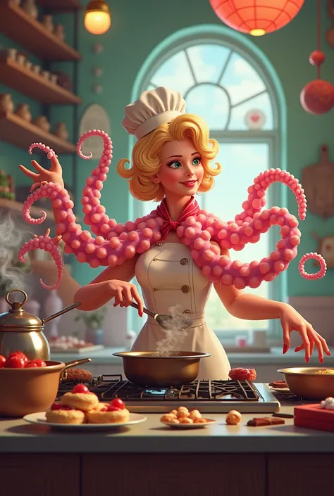  A confectionery with multiple hands , octopus style ,  cooking on several stove burners,  various candies . linda, blonde,  in pin-up style . 