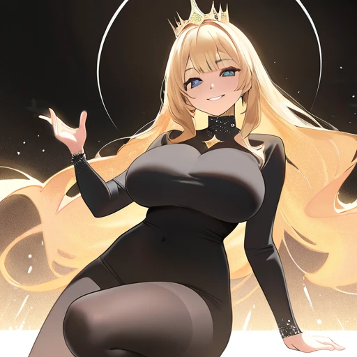 solo,  1 girl, masterpiece,  long hair, Blonde,  Big Breasts ,  smiles,  foot out of frame, Crown,  glitter effect that only shows the mouth, fluorescence, 