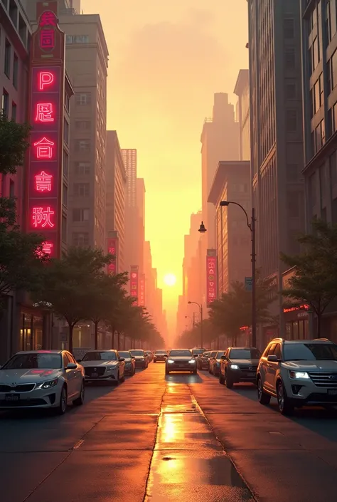  serene, surreal cityscape during the golden hour—right before sunset, where the light is soft and warm. The city is calm, almost like it’s in a dreamy or quiet state. It could be a blend of modern and vintage elements, like a mix of retro neon signs and m...