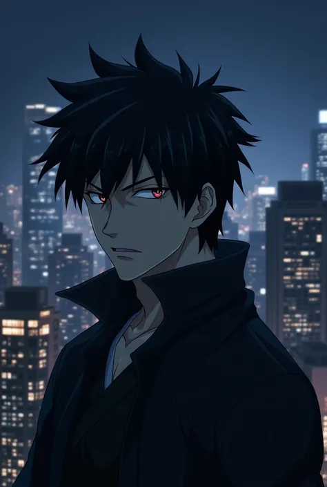 Anime black haired man standing against background as city at night