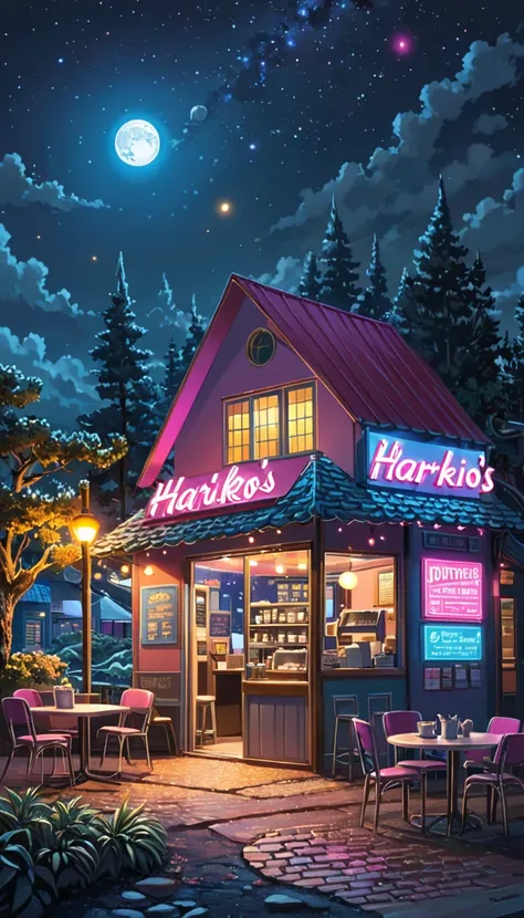 A small, stylized coffee shop, "Hiarrikos Coffee," sits on a moon-like landscape under a starry night sky. The shop, light bluish-gray with a reddish-pink awning, features neon-blue signage. Several tables and chairs are placed outside. The environment is ...