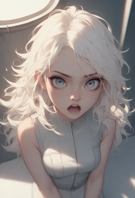 Future sexy girl ,  leather miniskirt and tight vest,，From above, (White lily), Strong expression，Open your mouth， pale skinned ， with messy hair ， Dramatic Lighting ， pastel colors ，Movie，masterpiece，