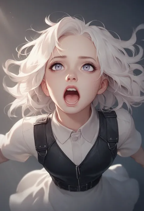 Future sexy girl ,  leather miniskirt and tight vest,，From above, (White lily), Strong expression，Open your mouth， pale skinned ， with messy hair ， Dramatic Lighting ， pastel colors ，Movie，masterpiece，