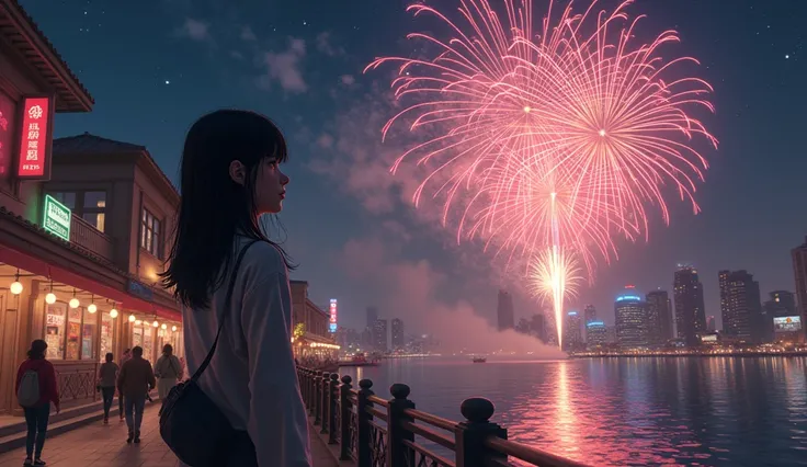 The sad girl stood looking at the fireworks, there were people strolling along the water, there were many shops.