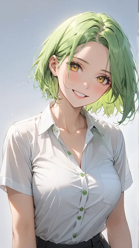 full body display ,semi realistic, Masterpiece, Master work, perfect , 4k, 1girl, young girl, mature body, medium size breast, short hair, middle parted hair style, showing forehead, wearing headband, neon green colored hair, yellow eyes, happy expression ...