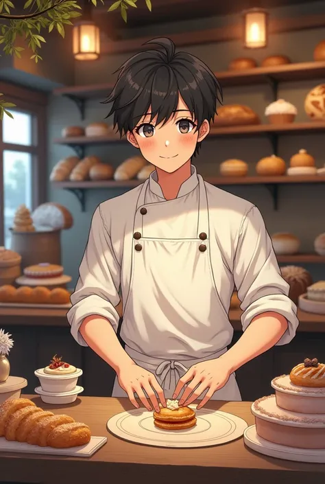 A photo of a 17-year-old young man as a baker and we see the window of the artisan bakery in an anime 